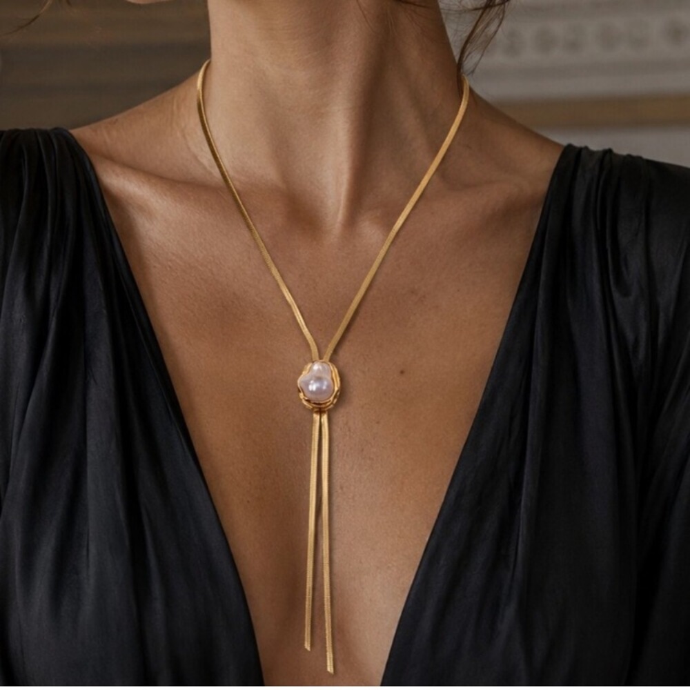 24k Gold Plated Baroque Pearl Tassel Necklace new